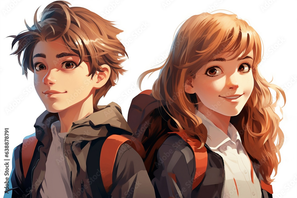 Beautiful Teenage Boy and Girl Ready for School. Friendship and education concept Beautiful Teenage Boy and Girl Ready for School. Friendship and education concept