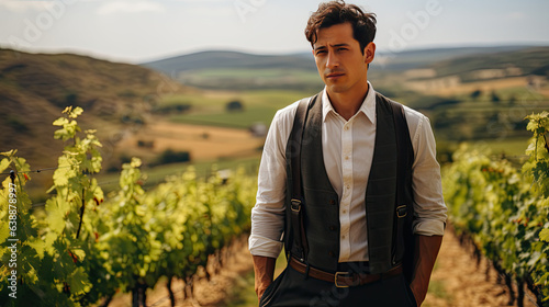 Generative AI, young male viticulturist stands against the backdrop of a green vineyard, winemaking, oenology, oenologist, taster, farmer, grape varieties, rural landscape