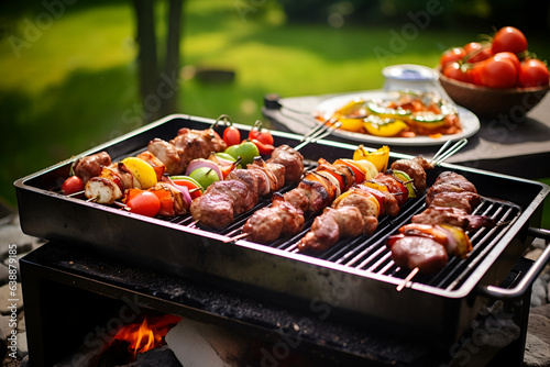 meat on barbecue grill at bbq party in summer garden. Food  people and family time concept  generative AI