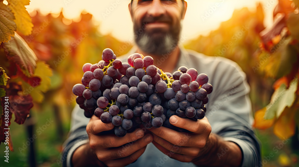 Obraz premium Generative AI, wine grower stands against the backdrop of a green vineyard and holds a vine of ripe grapes, winemaking, oenology, oenologist, taster, farmer, grape varieties, rural landscape, berries
