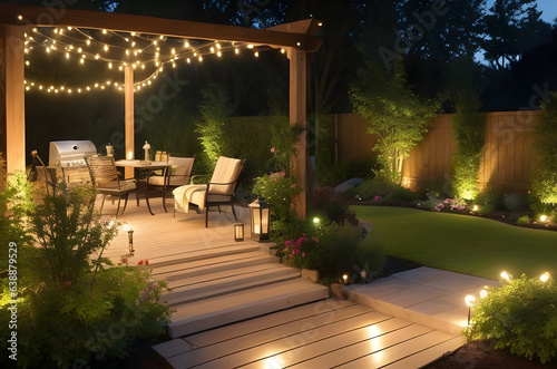 Discover the enchanting allure of a beautiful house patio elegantly illuminated by the warm glow of garden lights, creating a serene and inviting ambiance for relaxation and gatherings
