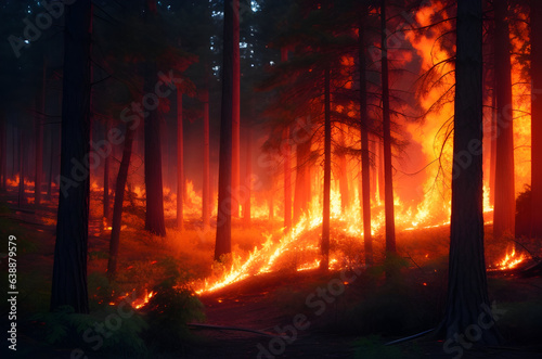 Experience the intensity of a forest blaze as flames roar amidst the trees. A dramatic and evocative scene capturing the raw power of nature's fury