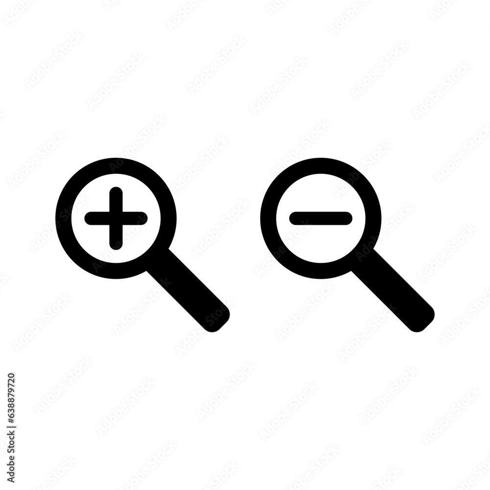 Zoom in and zoom out icons. Simple flat, solid style. Magnifying glass, find, plus, minus, search concept. Black silhouette, glyph symbol. Vector isolated on transparent background. SVG. Zoom in and zoom out icons. Simple flat, solid style. Magnifying glass, find, plus, minus, search concept. Black silhouette, glyph symbol. Vector isolated on transparent background. SVG.