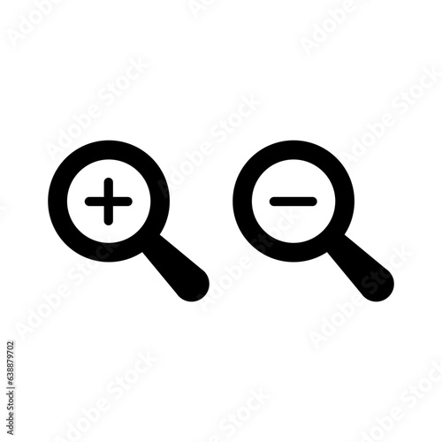 Zoom in and zoom out icons. Simple flat, solid style. Magnifying glass, find, plus, minus, search concept. Black silhouette, glyph symbol. Vector isolated on transparent background. SVG.