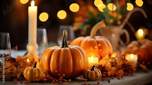 Autumn table setting with pumpkins and candles. Fall home decoration. Generative AI