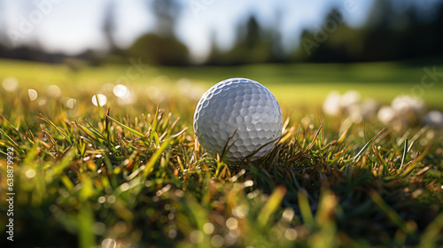 Close up dirty Golf ball in the bush. Macro of a golf ball in the rough (long grass adjacent to the fairway).