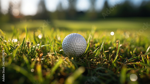 Close up dirty Golf ball in the bush. Macro of a golf ball in the rough (long grass adjacent to the fairway).