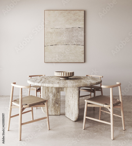Wooden beige diningroom interior with marble dining table and chairs background. Natural light brown stone floor. Mock up empty 1 picture frame. 3d rendering. High quality 3d illustration