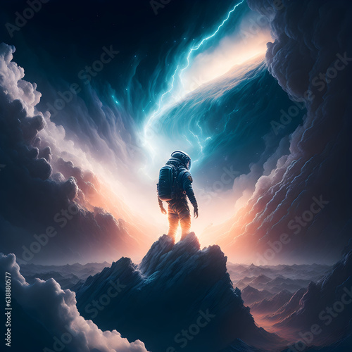 A lone astronaut floating in space, with a lethal storm brewing in the distance and the vast expanse of the universe stretching out before them