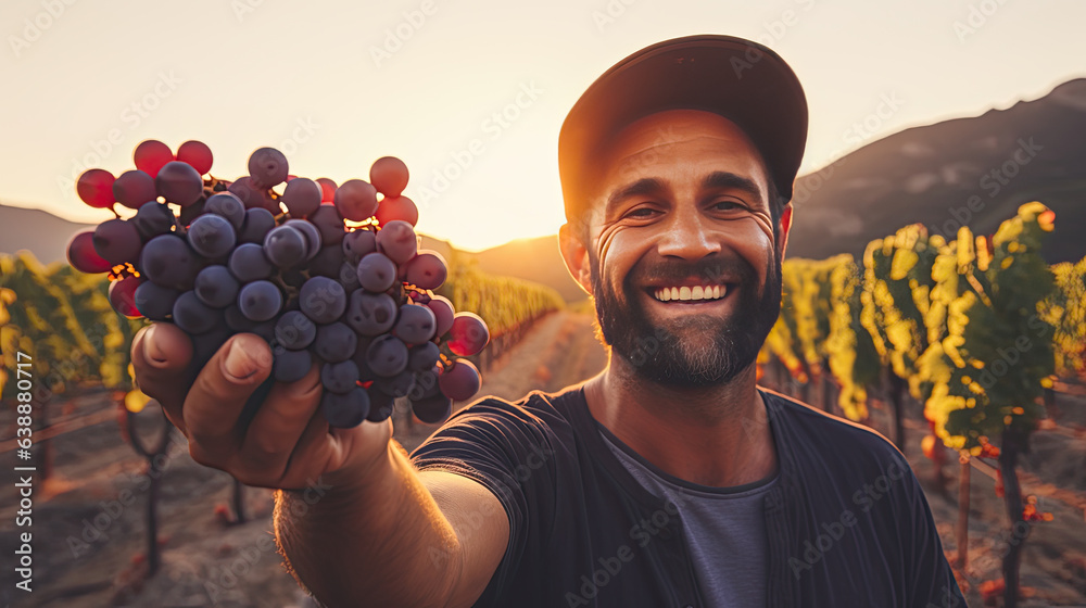 Obraz premium Generative AI, wine grower stands against the backdrop of a green vineyard and holds a vine of ripe grapes, winemaking, oenology, oenologist, taster, farmer, grape varieties, rural landscape, berries