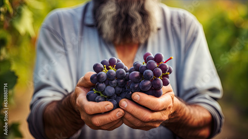 Generative AI, wine grower stands against the backdrop of a green vineyard and holds a vine of ripe grapes, winemaking, oenology, oenologist, taster, farmer, grape varieties, rural landscape, berries
