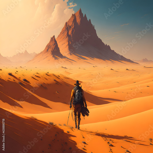 A lone traveler trekking through a barren desert, with sand dunes stretching as far as the eye can see and a scorching hot sun beating down from a cloudless sky