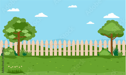 Backyard view with fence, greenery and mountain