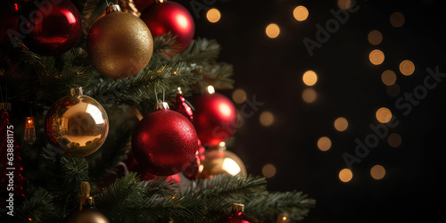 Close up of view decorated christmas tree, lights, bokeh, decoration in the cozy home apartment. Blurred Xmas holidays background. Christmas and New year card. Generative ai.
