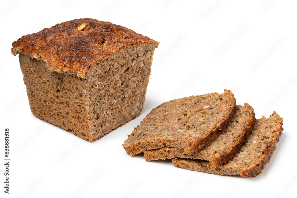 Fresh Scandinavian loaf and slices of sourdough spelt bread close up isolated on white background Fresh Scandinavian loaf and slices of sourdough spelt bread close up isolated on white background