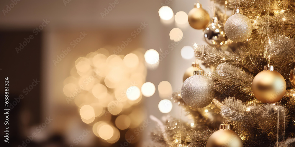 Close up of view decorated christmas tree, lights, bokeh, decoration in the cozy home apartment. Blurred Xmas holidays background. Christmas and New year card. Generative ai. Close up of view decorated christmas tree, lights, bokeh, decoration in the cozy home apartment. Blurred Xmas holidays background. Christmas and New year card. Generative ai.