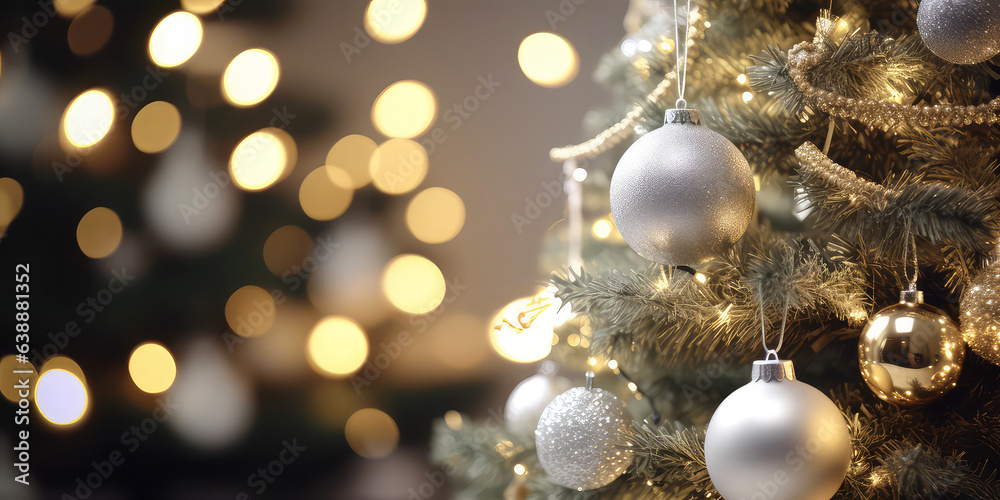 Close up of view decorated christmas tree, lights, bokeh, decoration in the cozy home apartment. Blurred Xmas holidays background. Christmas and New year card. Generative ai. Close up of view decorated christmas tree, lights, bokeh, decoration in the cozy home apartment. Blurred Xmas holidays background. Christmas and New year card. Generative ai.