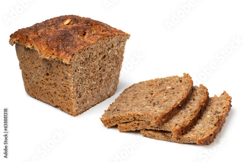 Fresh Scandinavian loaf and slices of sourdough spelt bread close up isolated on white background