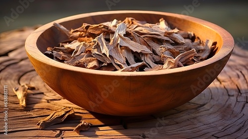 Dried Cinchona Bark in Wooden Bowl - Natural and Textured Brown Bark for Making Tea and Medicines