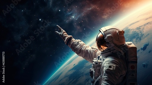 Astronaut Hand Pointing to the Star in Deep Space. NASA Elements Furnished. Concept of Science Fiction, Astronomy and Universe Exploration © AIGen