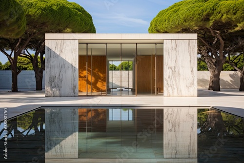 Iconic Barcelona Pavilion Designed by Mies Van Der Rohe for the 1929 World Expo - Cement & Concrete Building with Chairs against City Background photo