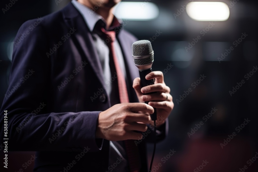 reporter, microphone and man of news interview on a broadcast, radio show or podcast at studio reporter, microphone and man of news interview on a broadcast, radio show or podcast at studio
