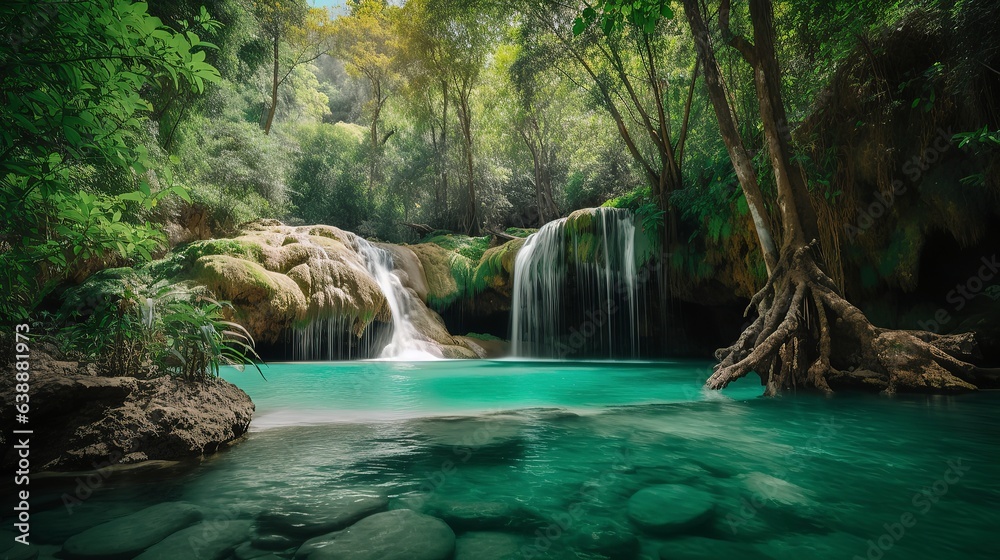 Naklejka premium A picturesque lake encircled by rocks, featuring light turquoise and dark green hues, ethereal trees, incredibly beautiful, and meticulously detailed foliage. Generated AI.