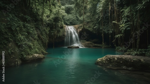 A picturesque lake encircled by rocks, featuring light turquoise and dark green hues, ethereal trees, incredibly beautiful, and meticulously detailed foliage. Generated AI.