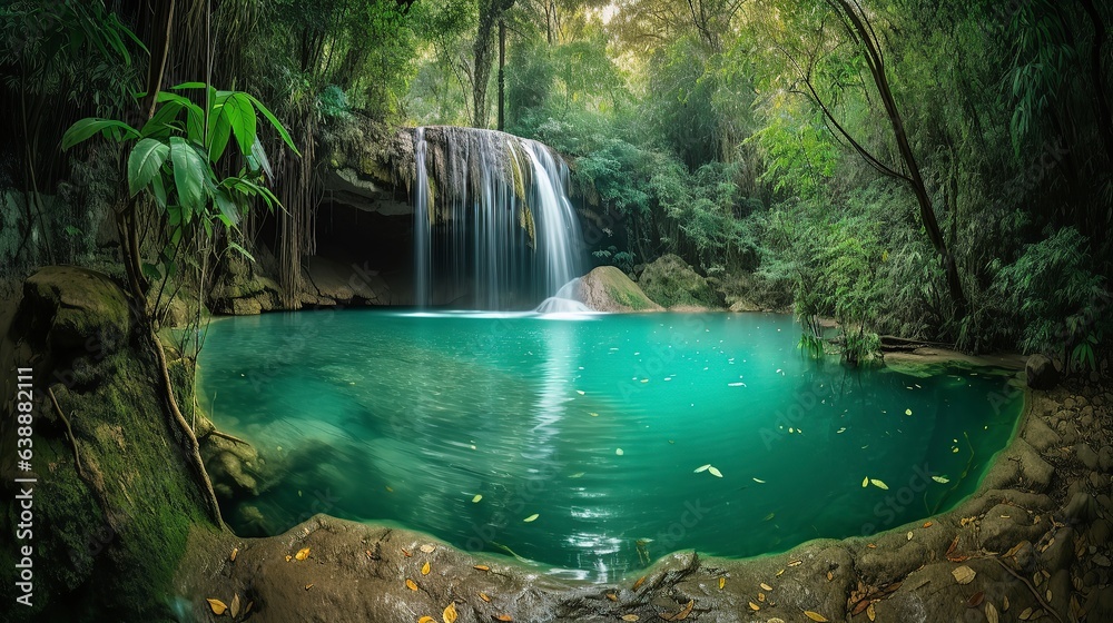 Naklejka premium A picturesque lake encircled by rocks, featuring light turquoise and dark green hues, ethereal trees, incredibly beautiful, and meticulously detailed foliage. Generated AI.