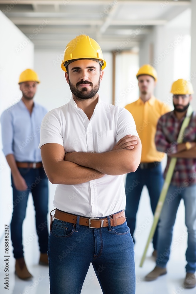 cropped shot of a young male contractor standing in front of his team
