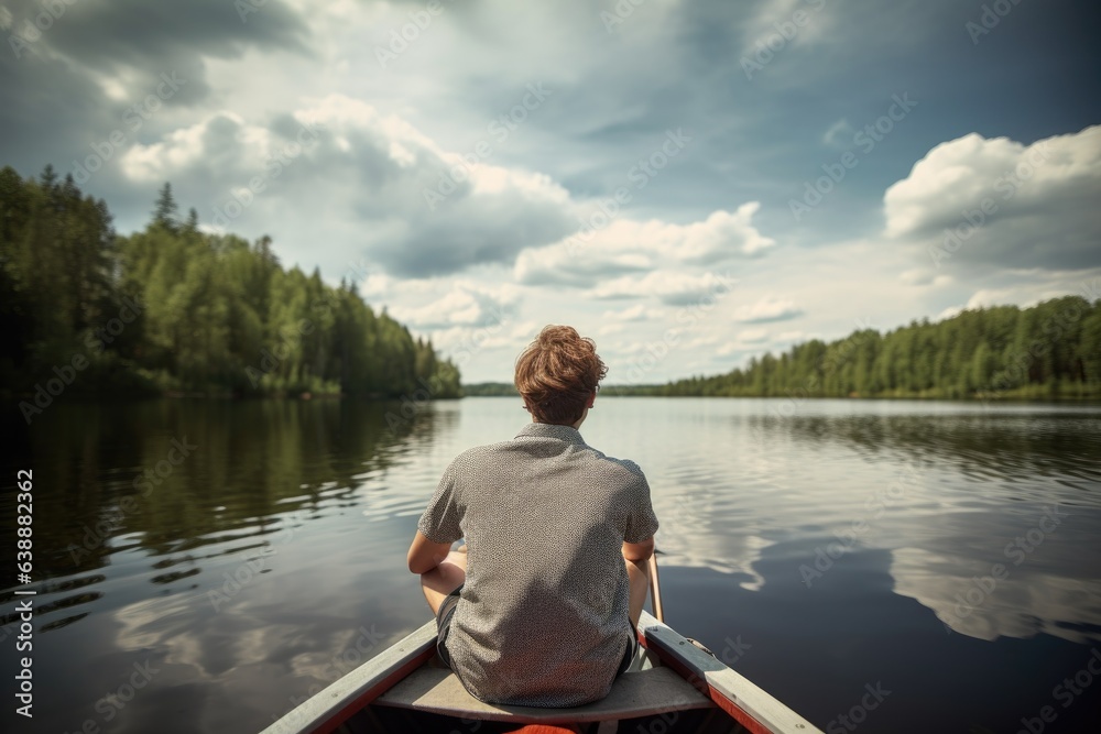 rearview shot of a young man enjoying sailing on a lake in the outdoors