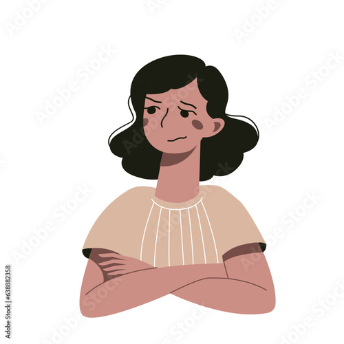 Cartoon sceptic girl. Portrait of sad young woman isolated on a white background.