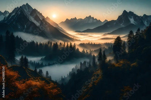 A misty mountain range during sunrise having shadow of long trees