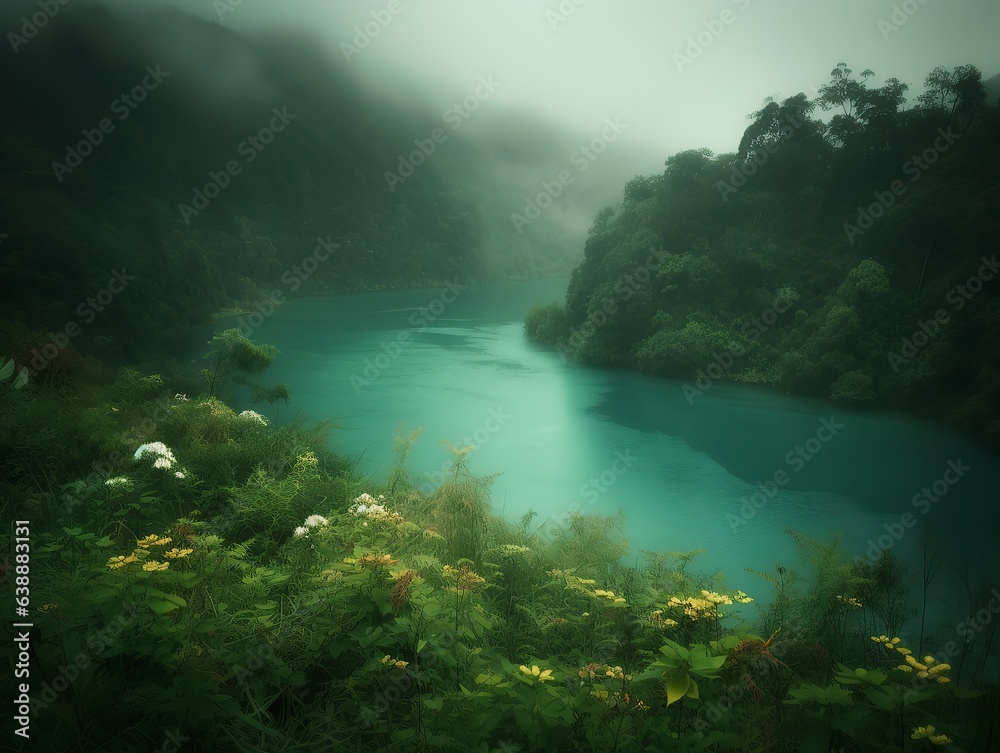 A picturesque lake encircled by rocks, featuring light turquoise and dark green hues, ethereal trees, incredibly beautiful, and meticulously detailed foliage. Generated AI.