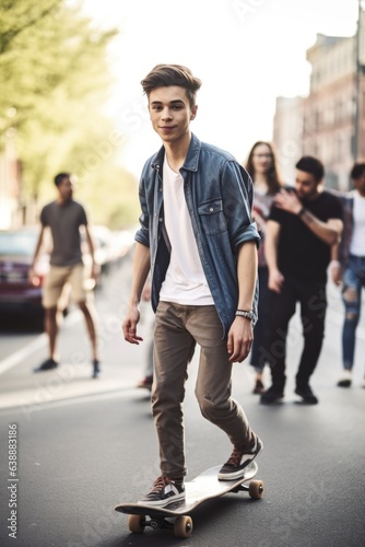 shot of a young man riding his skateboard with friends in the background