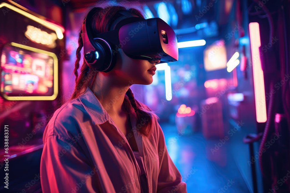 shot of a young woman using a headset and controller in a vr arcade shot of a young woman using a headset and controller in a vr arcade
