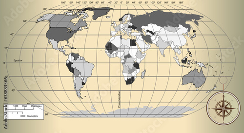 Vector map of the world with countries and a grid in the projection for a scale of 110 m.