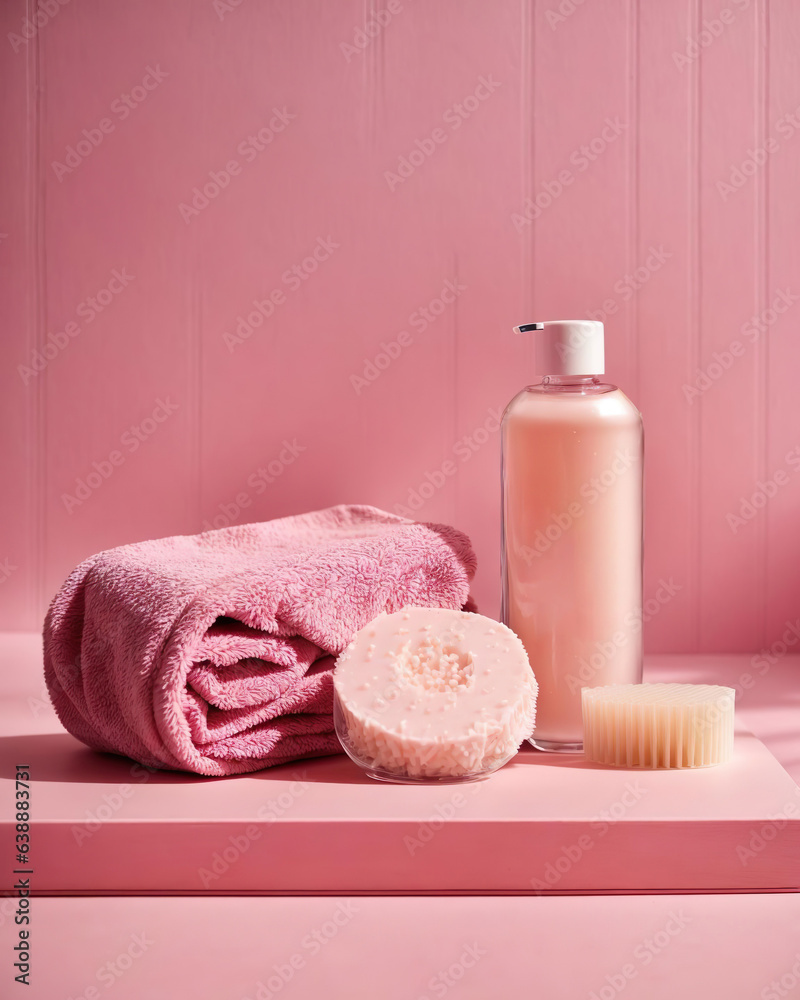 Bath accessories in pink.towel,soap,brush Bath accessories in pink.towel,soap,brush