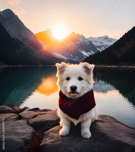 White Samoyed dog on the shore of the lake at sunset Generative Ai photo