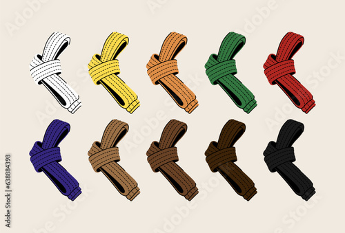 Vector Set of Cartoon Color Karate Belts. Full Collection. photo