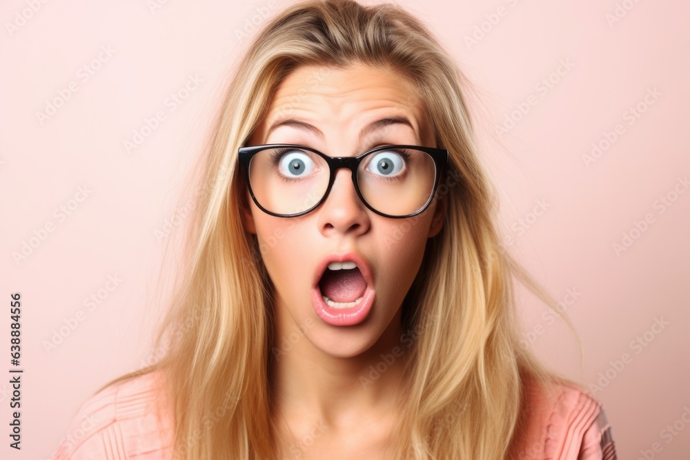 shot of a young woman wearing glasses and looking shocked against a studio background