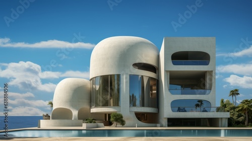Modern house, award-winning architecture, curves, pool, wallpaper, background, Fernando Botero style