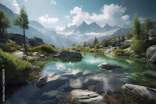 A picturesque lake encircled by rocks, featuring light turquoise and dark green hues, ethereal trees, incredibly beautiful, and meticulously detailed foliage. Generated AI. © AI Indigo