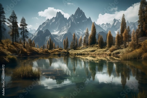 A picturesque lake encircled by rocks, featuring light turquoise and dark green hues, ethereal trees, incredibly beautiful, and meticulously detailed foliage. Generated AI. © AI Indigo