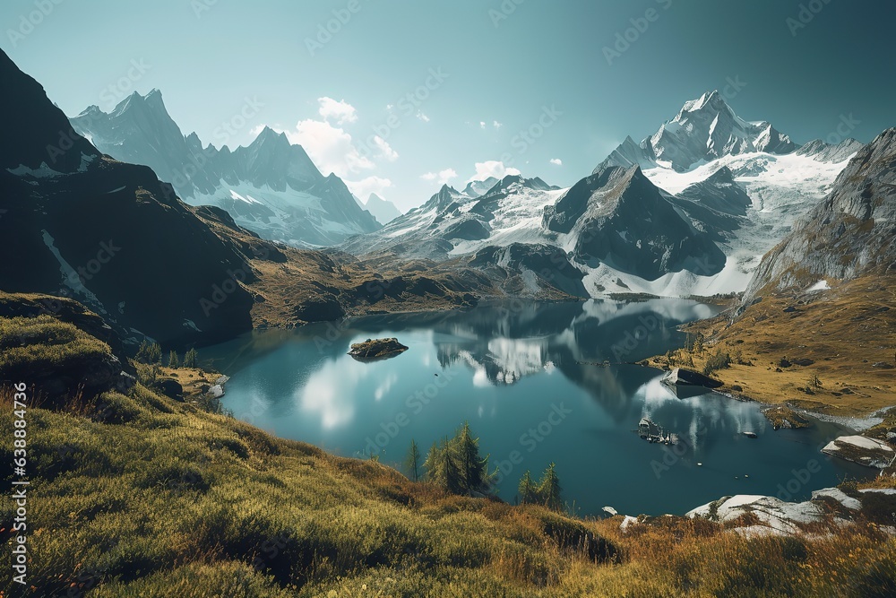 Fototapeta premium A picturesque lake encircled by rocks, featuring light turquoise and dark green hues, ethereal trees, incredibly beautiful, and meticulously detailed foliage. Generated AI.