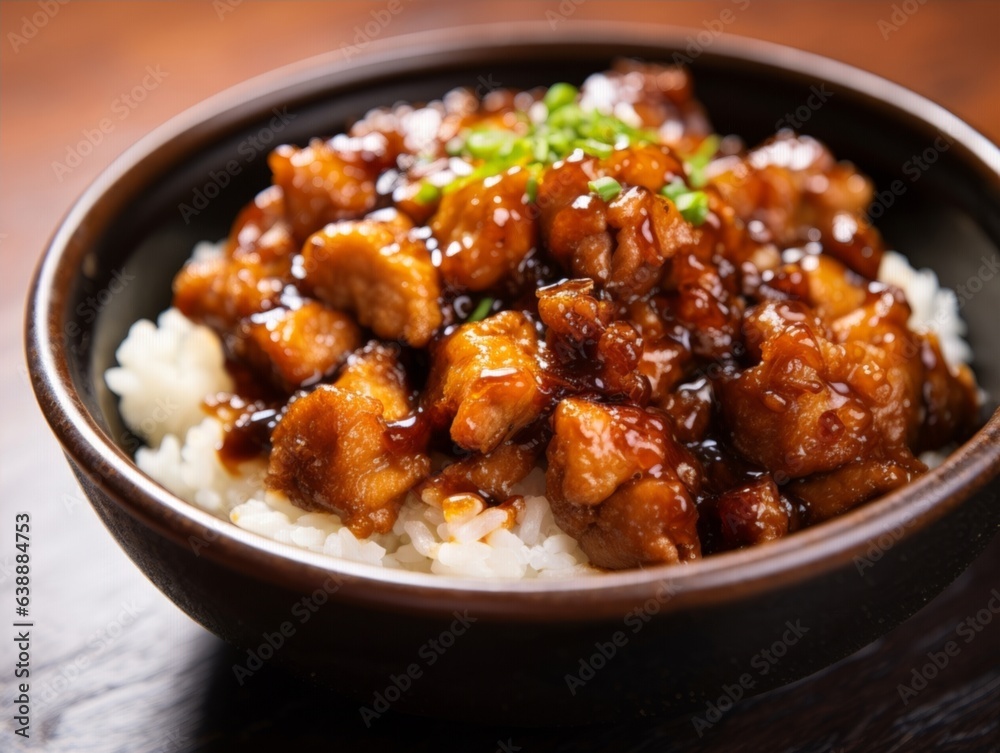 Pork and egg rice bowl with sweet sauce, showcasing the contrast of the white rice against the rich, glossy sauce, and highlighting the soft boiled egg centered neatly atop Pork and egg rice bowl with sweet sauce, showcasing the contrast of the white rice against the rich, glossy sauce, and highlighting the soft boiled egg centered neatly atop