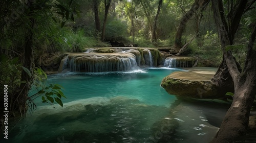 A picturesque lake encircled by rocks, featuring light turquoise and dark green hues, ethereal trees, incredibly beautiful, and meticulously detailed foliage. Generated AI.