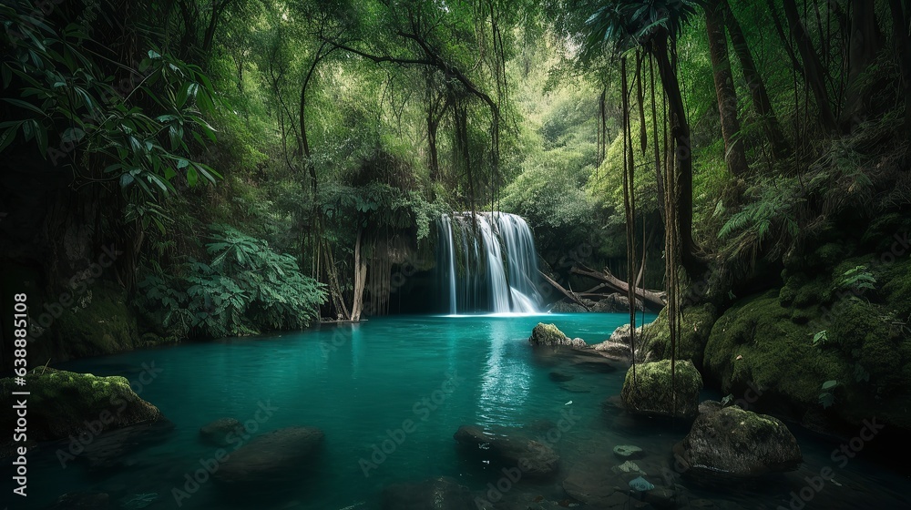 Naklejka premium A picturesque lake encircled by rocks, featuring light turquoise and dark green hues, ethereal trees, incredibly beautiful, and meticulously detailed foliage. Generated AI.