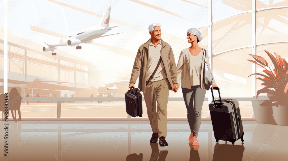 Portrait of elegant old happy couple man and woman standing together on the territory of the airport AI Portrait of elegant old happy couple man and woman standing together on the territory of the airport AI