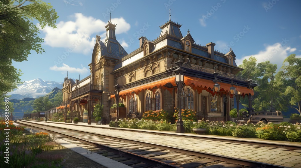 A historical train station, built between the years 1800 and 1900, that captures the golden age of railway travel. Generative AI